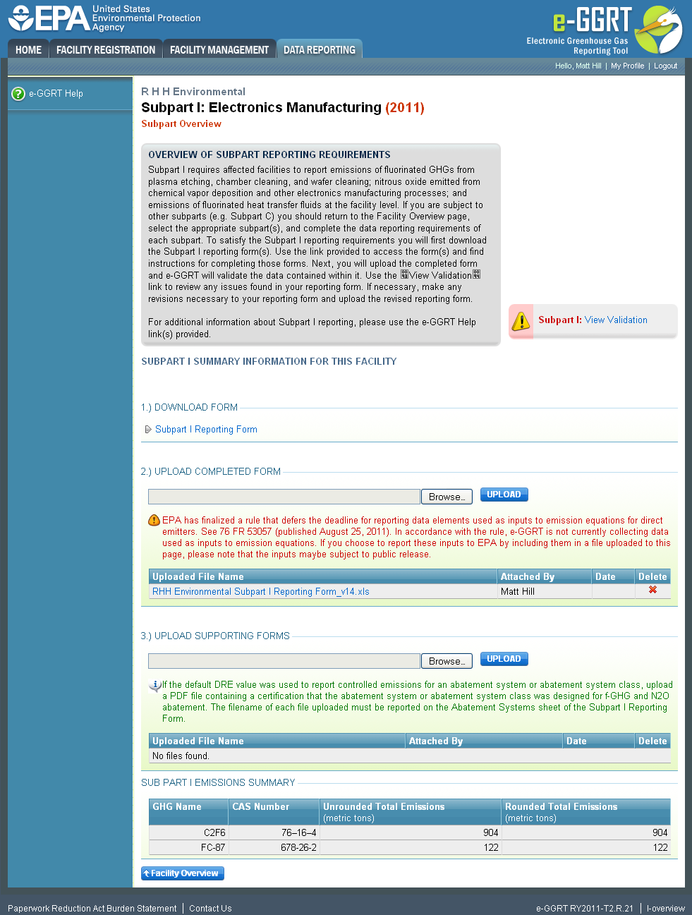 Subpart Overview Screen